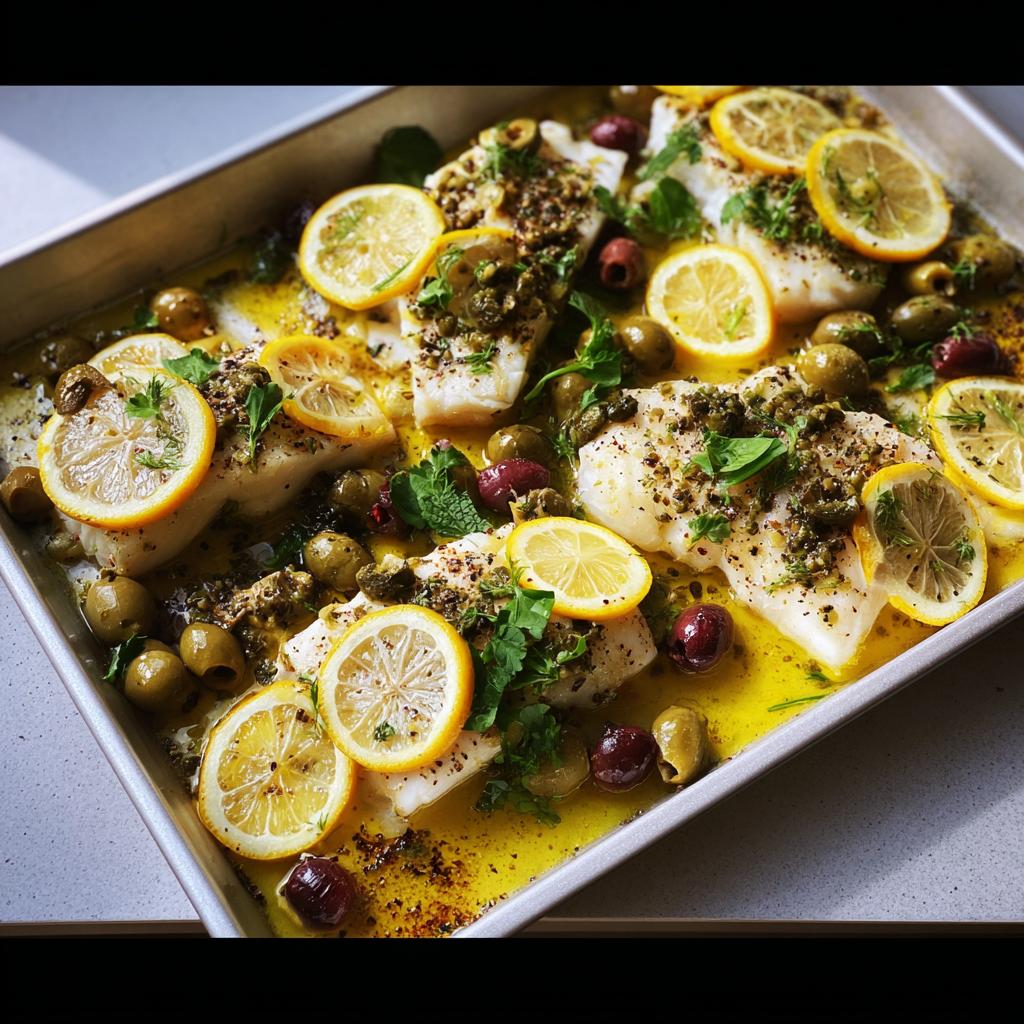 A close-up of baked white fish fillets in a sheet pan, topped with lemon slices, olives, herbs, and capers.