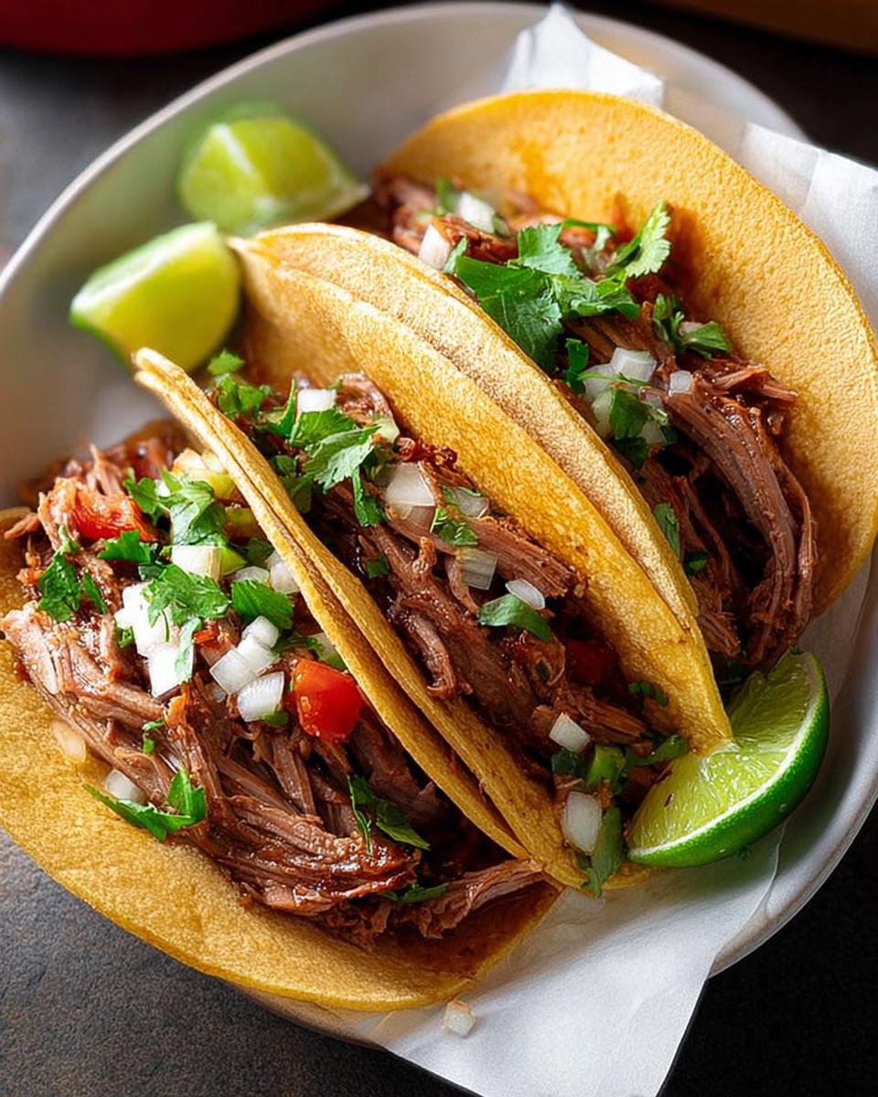 Three mouthwatering shredded beef tacos, topped with onions, cilantro, and lime wedges, perfect for Taco Tuesday.