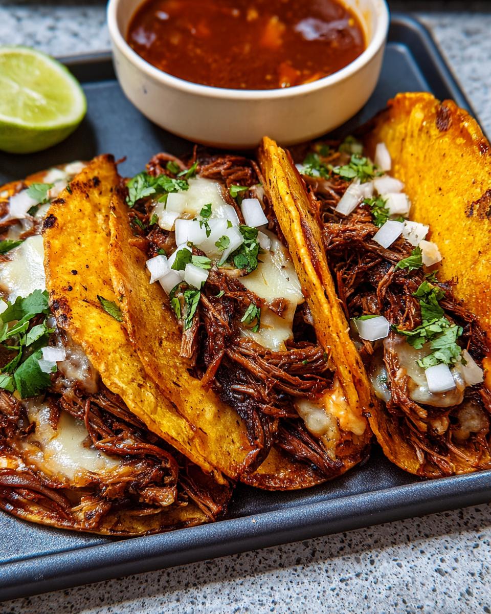 Close-up of three shredded beef tacos with melted cheese, onions, and cilantro, served with a side of consommé and lime for Taco Tuesday.