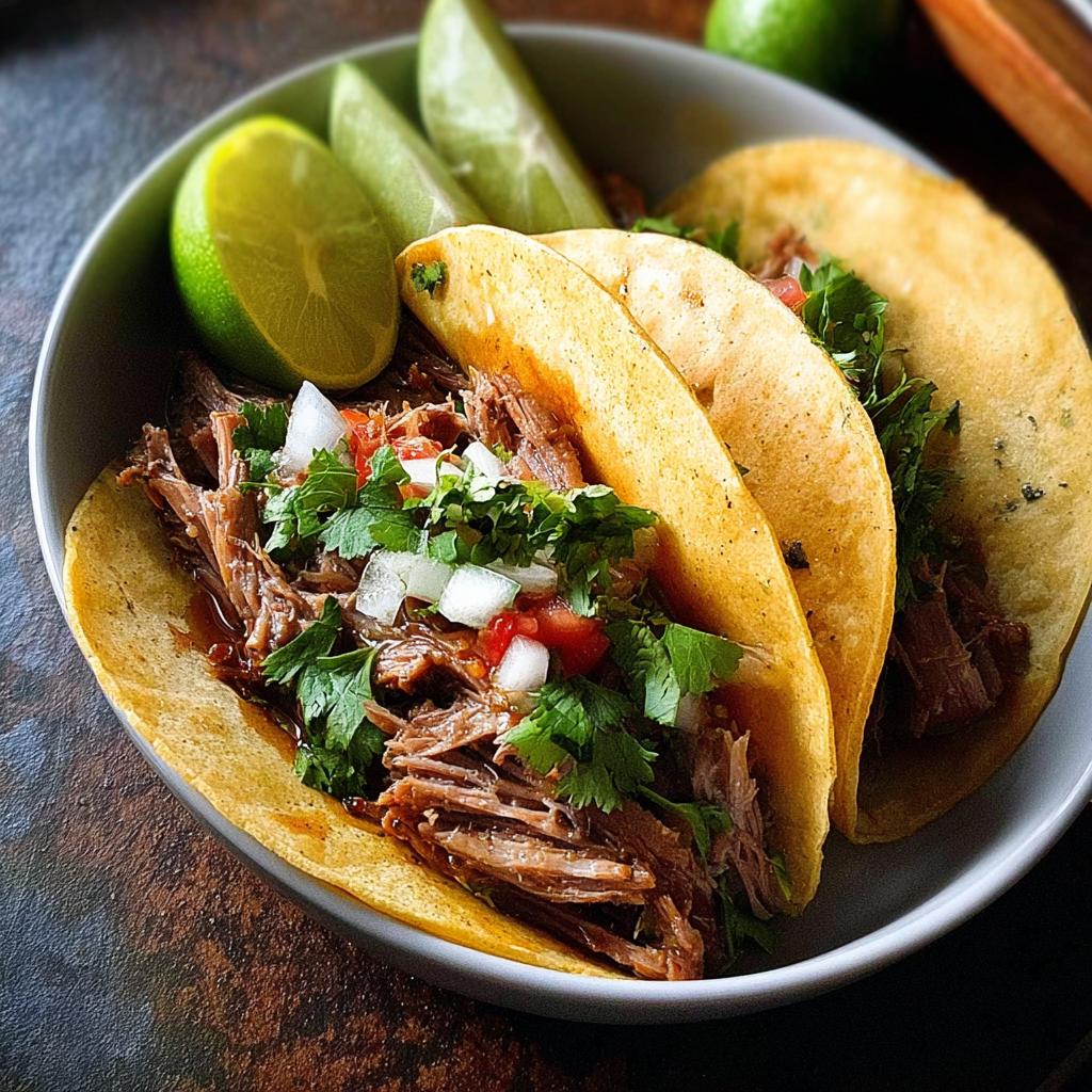 Close-up of two shredded beef tacos, topped with onions, tomatoes, and cilantro, served with lime wedges for Taco Tuesday.