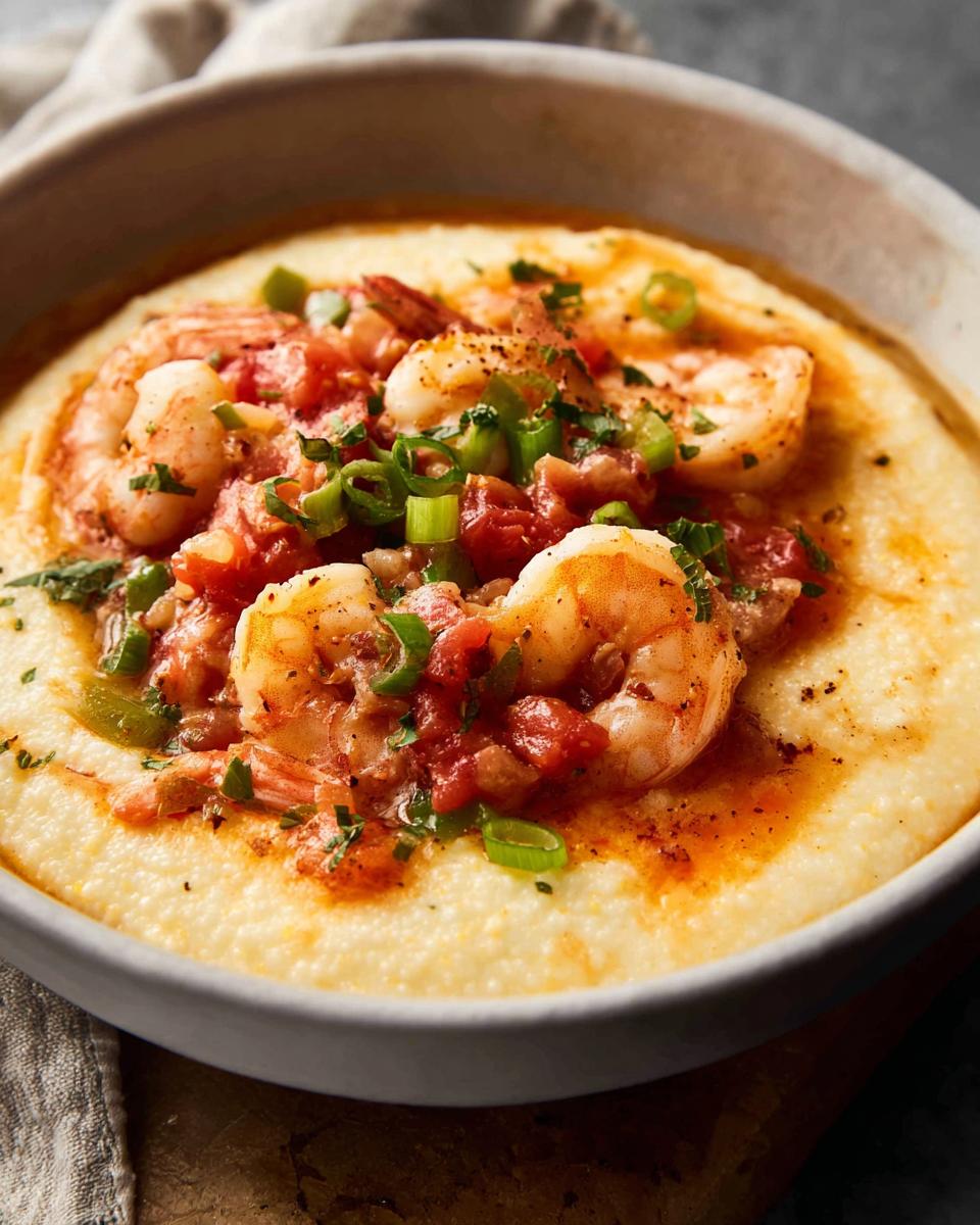A bowl of creamy shrimp and grits, topped with seasoned shrimp, diced tomatoes, and green onions.