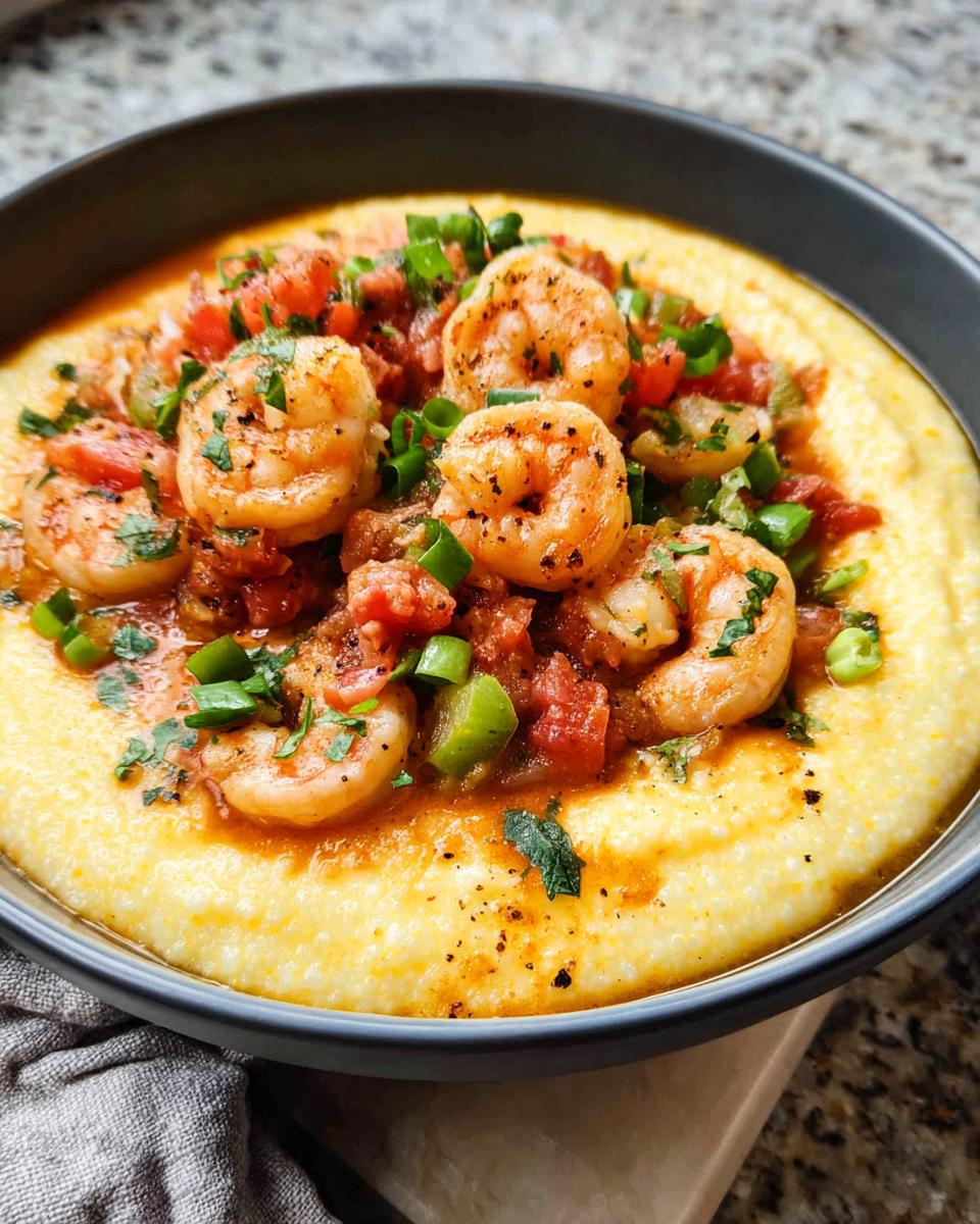A close-up of creamy grits topped with seasoned shrimp, diced tomatoes, and green onions, part of 25-Ingredient Shrimp Recipes.