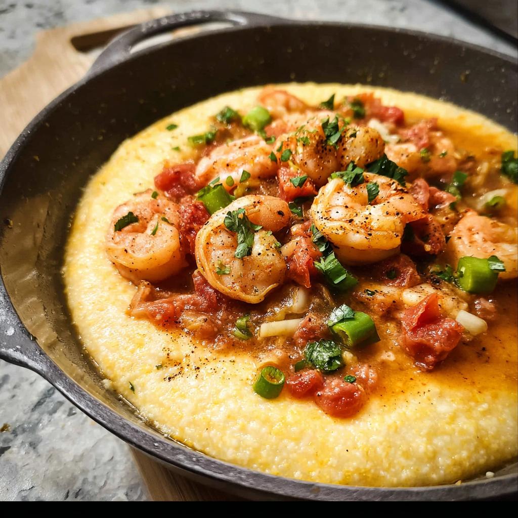 Close-up of shrimp and grits in a cast iron skillet, featuring plump shrimp in a savory tomato sauce over creamy grits, garnished with green onions.