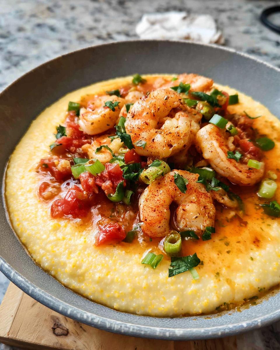 A bowl of creamy grits topped with seasoned shrimp, diced tomatoes, and chopped green onions.