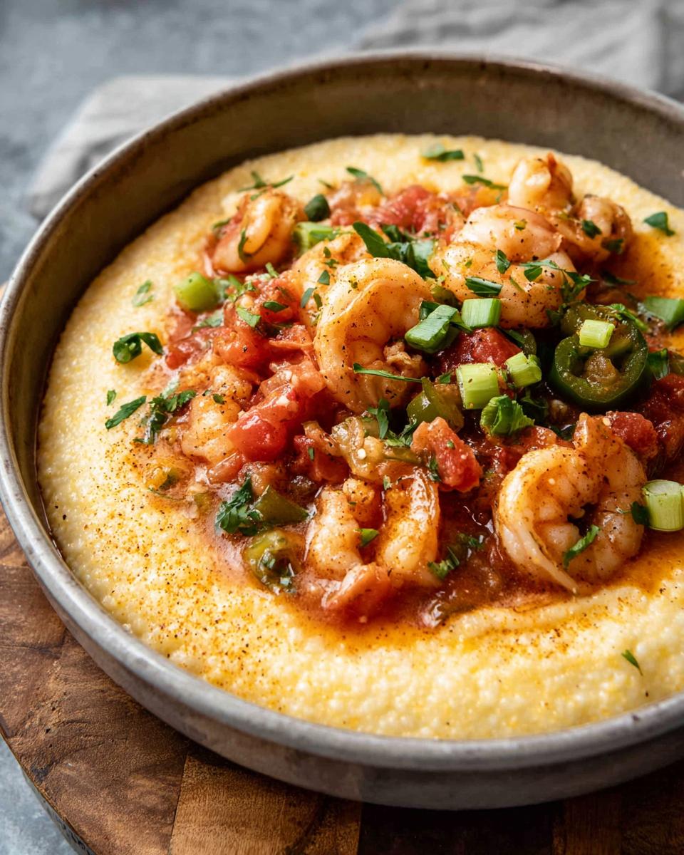 A close-up of delicious shrimp and grits, featuring plump shrimp in a rich tomato sauce over creamy grits, garnished with green onions and jalapeños.