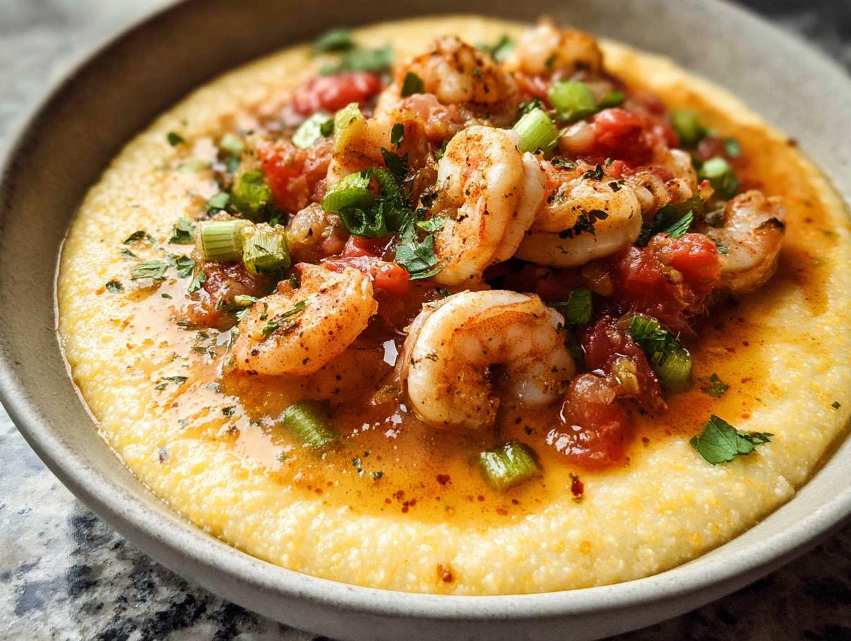 Close-up of creamy grits topped with seasoned shrimp, diced tomatoes, and green onions.