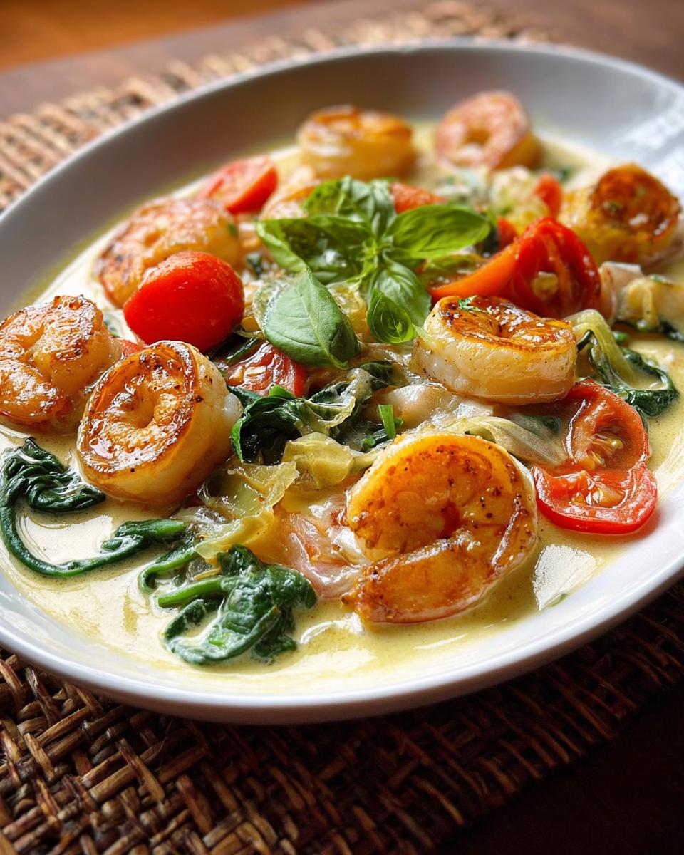 Close-up of a creamy shrimp recipe with seared shrimp, cherry tomatoes, spinach, and fresh basil.