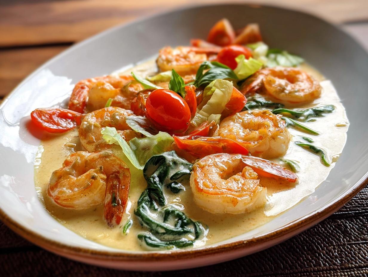 A close-up of a creamy shrimp recipe dish with cherry tomatoes and spinach.