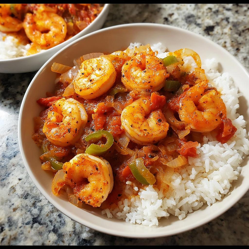 A bowl of fluffy white rice topped with seasoned shrimp, onions, bell peppers, and tomato sauce. A perfect shrimp recipe.