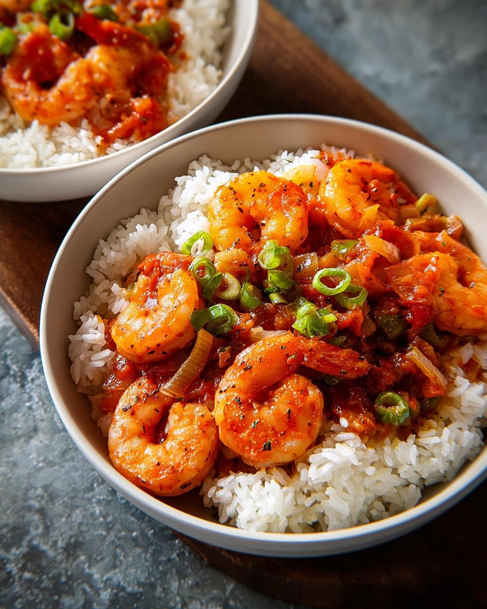 Two bowls of white rice topped with seasoned shrimp in a rich, red sauce and garnished with green onions. A perfect shrimp recipe.