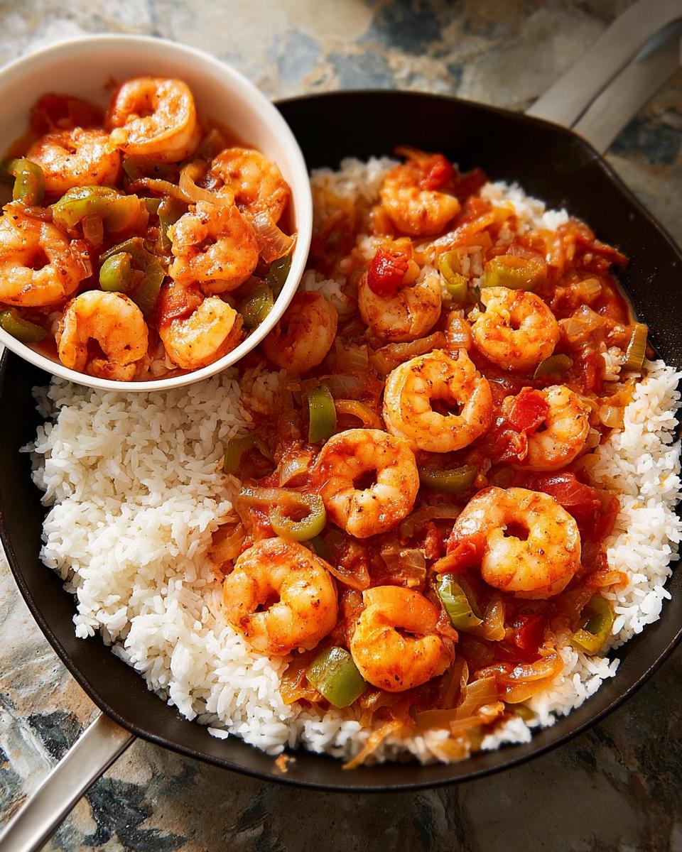 A close-up of a flavorful shrimp recipe served over white rice in a skillet and a bowl, featuring bell peppers and tomatoes.