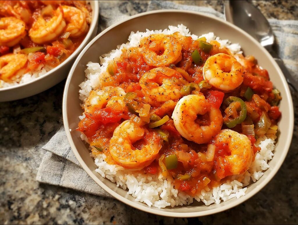 Two bowls of shrimp recipe served over white rice, featuring plump shrimp in a tomato and pepper sauce.