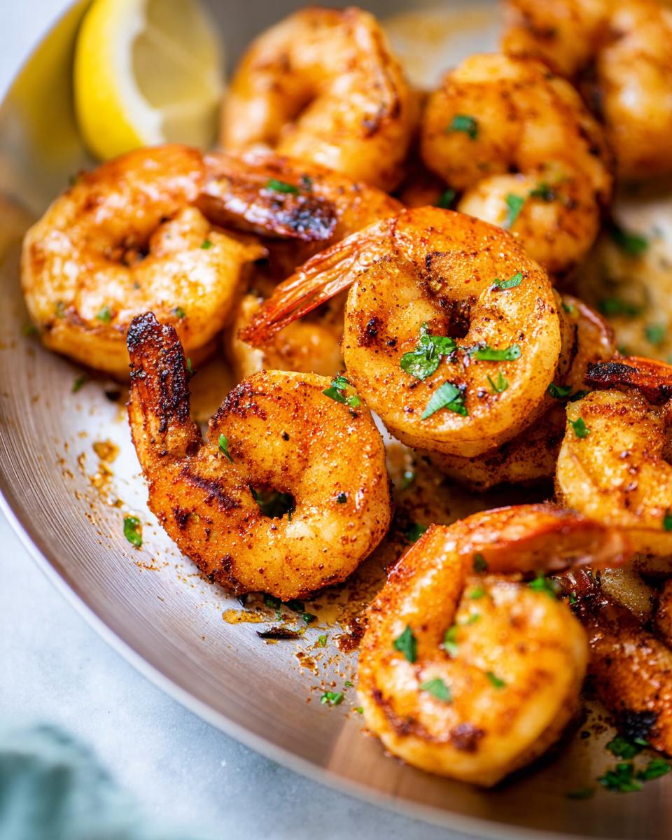 Close-up of perfectly seasoned and cooked shrimp with a lemon wedge, a great shrimp recipe for beginners.