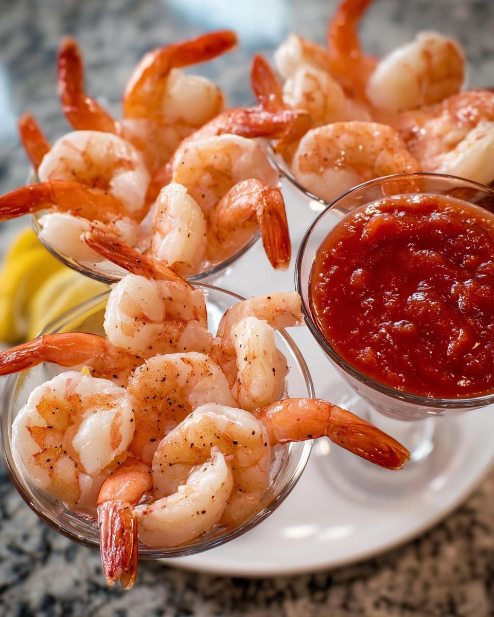 Close-up of chilled cocktail shrimp recipes served in martini glasses with cocktail sauce.