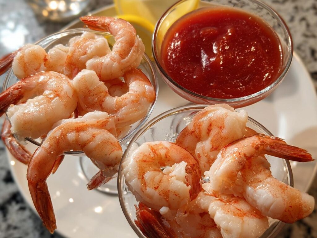 Close-up of a shrimp recipe appetizer featuring cooked shrimp served in glasses with cocktail sauce.