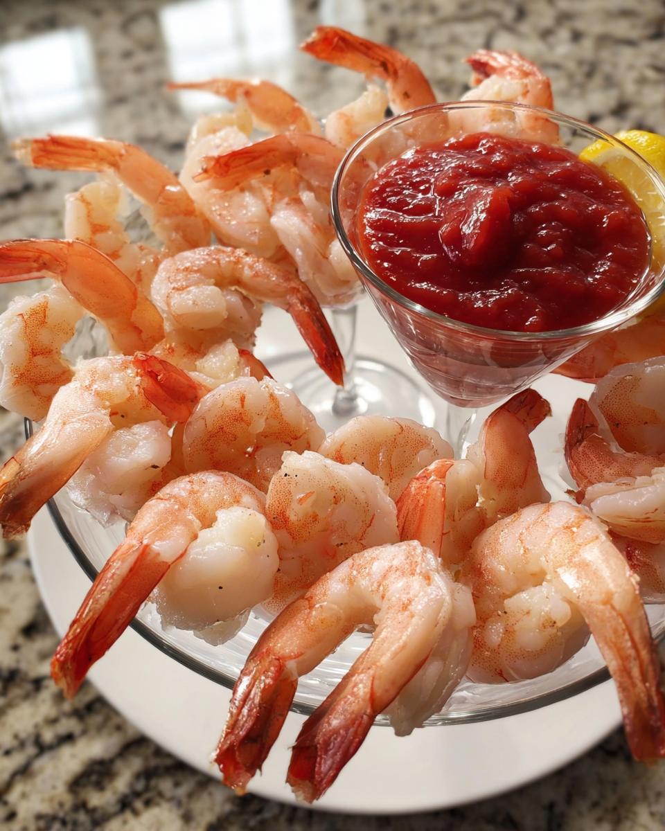 A platter of perfectly cooked shrimp arranged around a martini glass filled with cocktail sauce, a classic shrimp recipe starter.