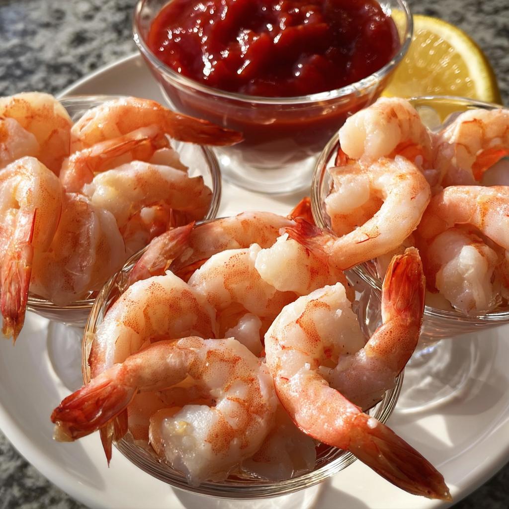 A close-up of perfectly cooked shrimp recipes, served in small bowls with cocktail sauce and a lemon wedge.