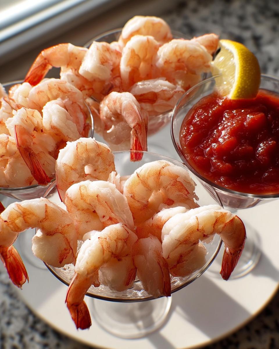 A close-up of perfectly cooked shrimp recipes served in cocktail glasses with cocktail sauce and a lemon wedge.