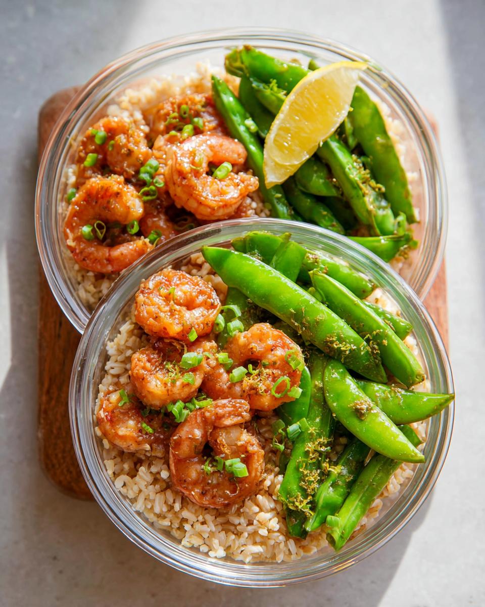 Two clear bowls filled with brown rice, seasoned shrimp, and snow peas, perfect for shrimp recipes meal prep.