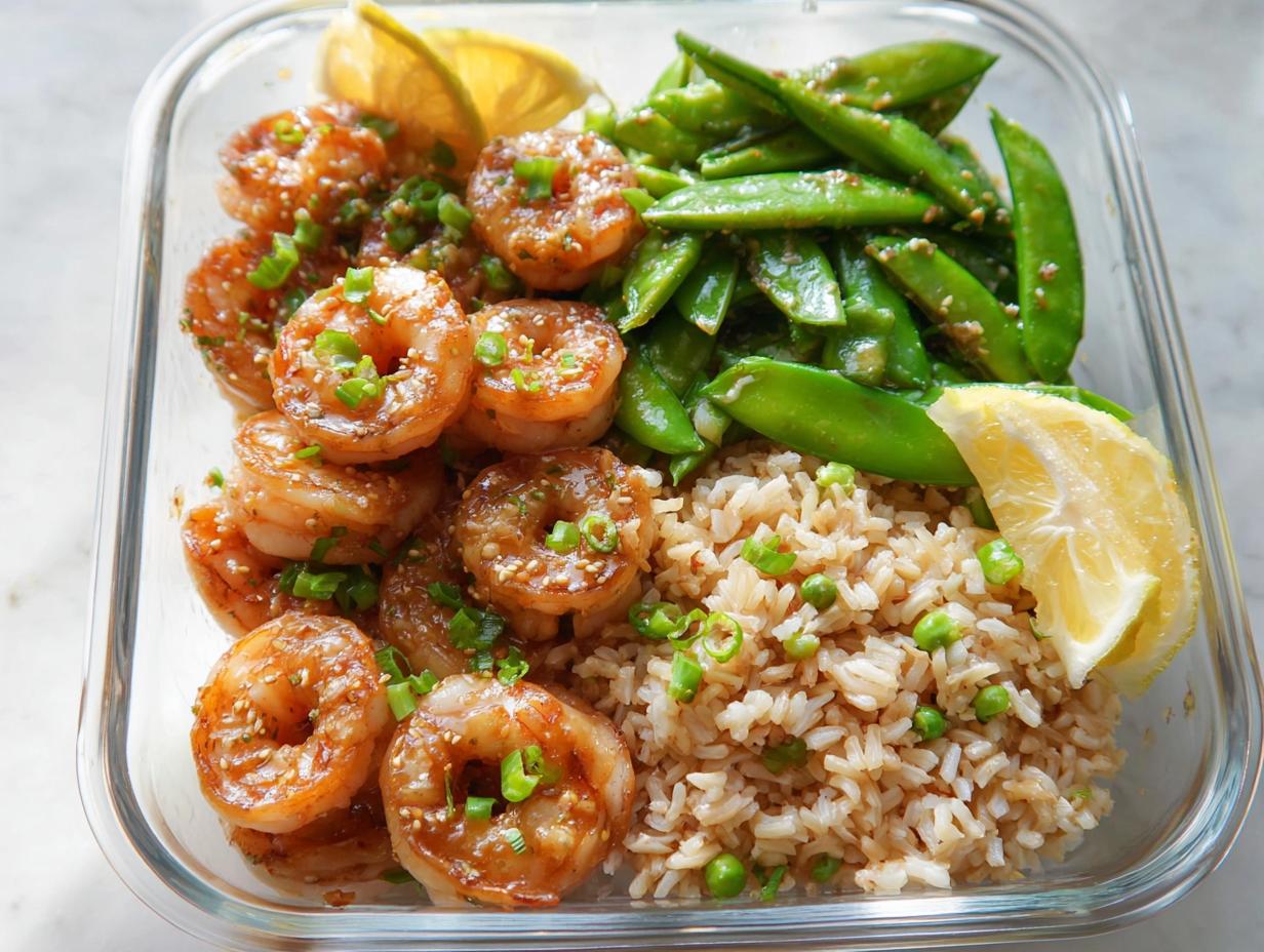 A glass meal prep container filled with glazed shrimp, brown rice with peas, and snow peas, garnished with lemon wedges and green onions.