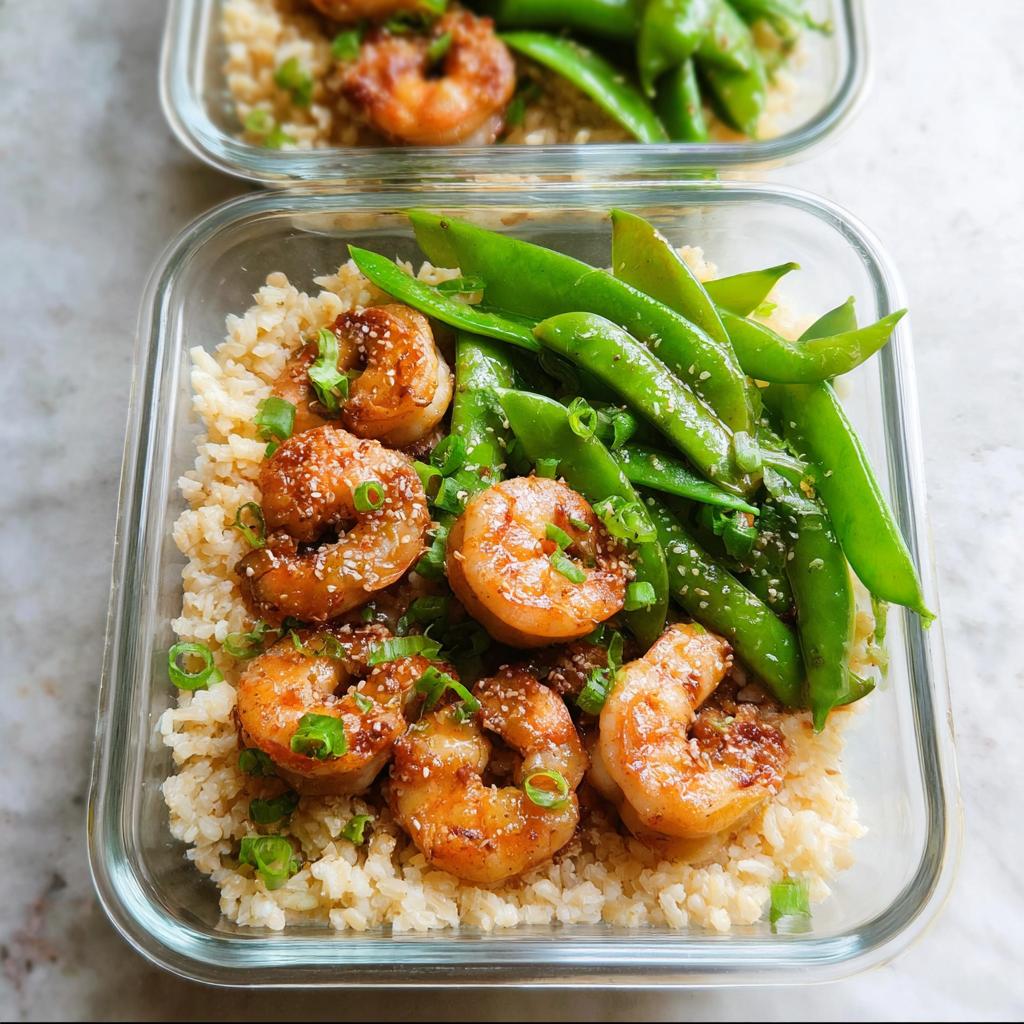 Meal prep containers filled with brown rice, glazed shrimp, and snow peas, perfect for shrimp recipes meal prep.