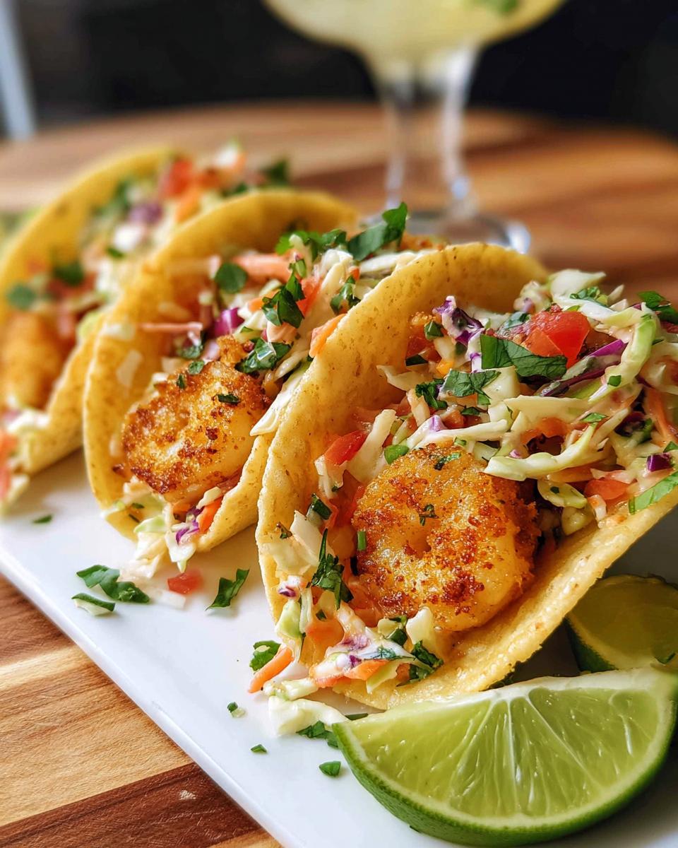 Three delicious shrimp tacos filled with crispy shrimp, coleslaw, and cilantro, served with lime wedges.