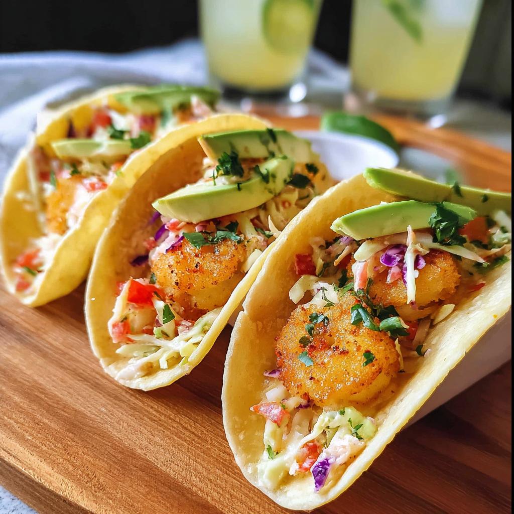Three delicious shrimp tacos filled with crispy shrimp, slaw, avocado, and salsa, perfect for quick shrimp recipes.