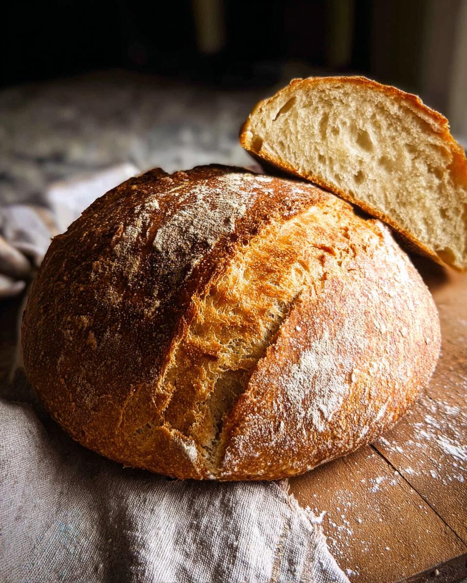 A rustic loaf of freshly baked sourdough bread, with a slice cut to reveal its airy crumb, perfect for healthy meals recipes.