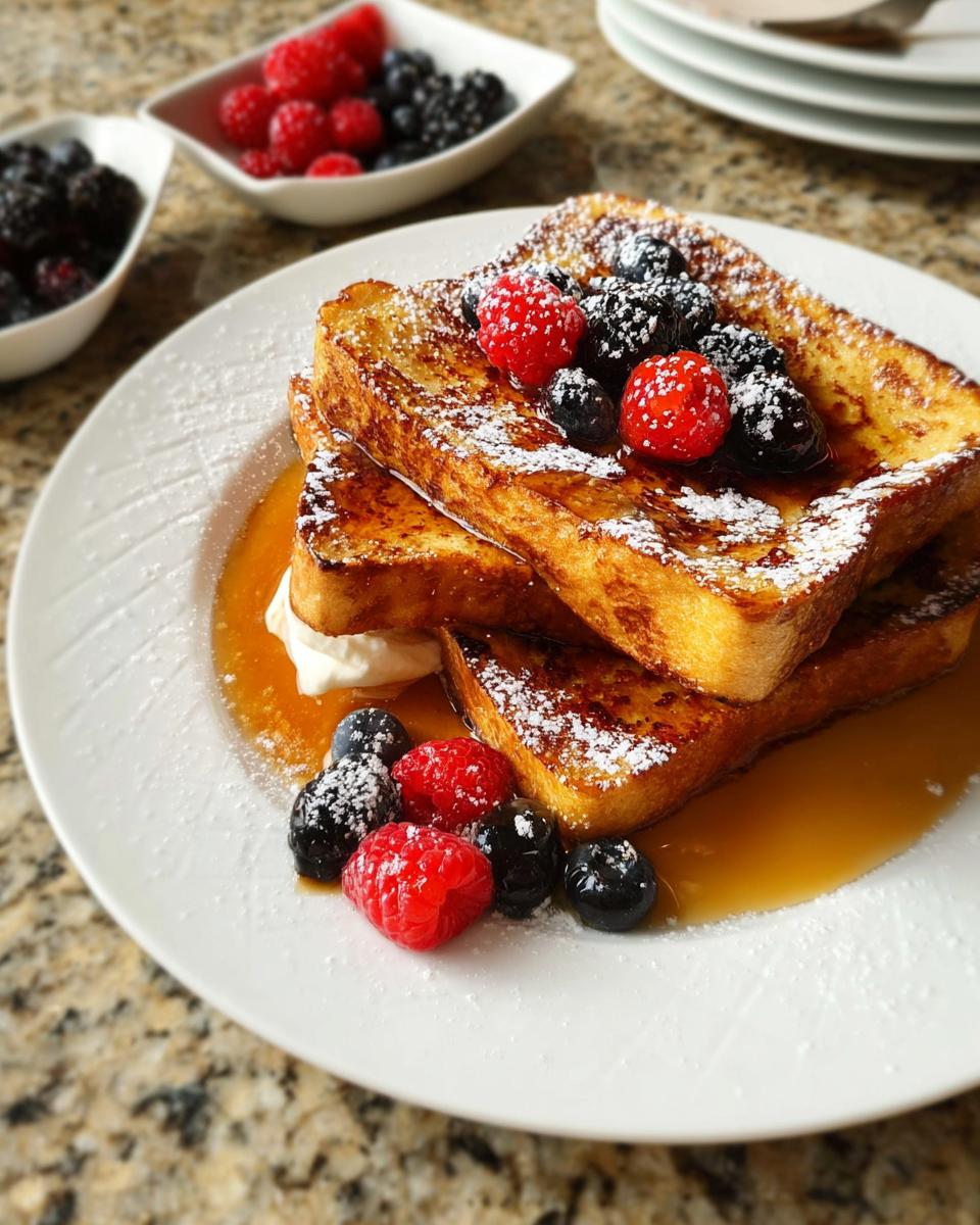 Stack of golden brown French toast topped with powdered sugar and fresh berries, served with syrup.