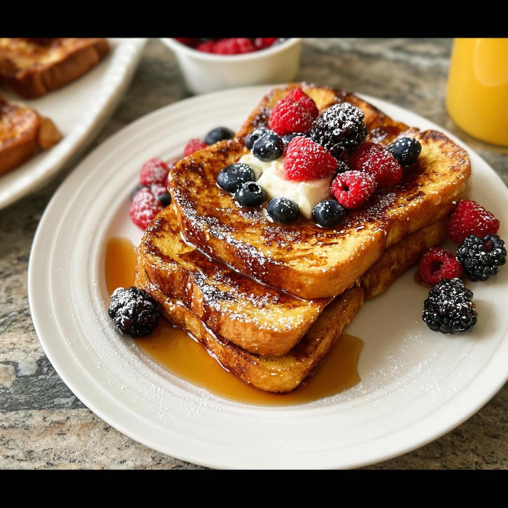Stack of golden brown French toast topped with fresh berries and powdered sugar, a perfect quick breakfast idea.