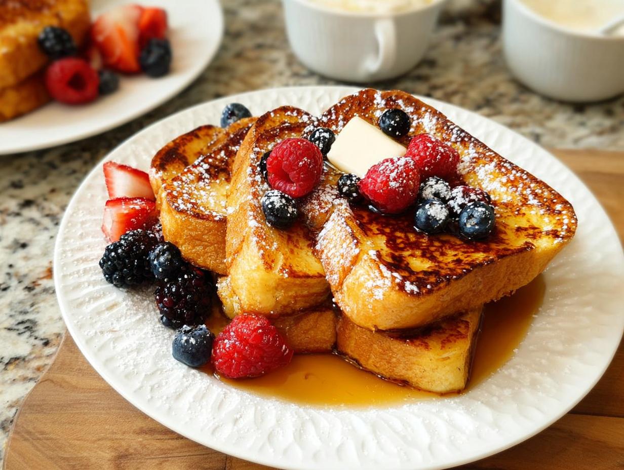 Golden brown French toast slices topped with fresh berries, butter, and powdered sugar, part of quick breakfast ideas recipes.