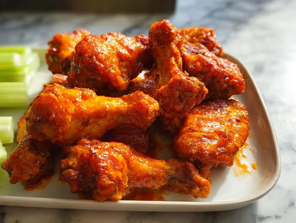 A plate of delicious, saucy buffalo chicken wings served with celery sticks, perfect for busy weeknights.