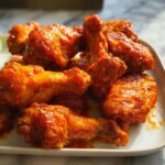 A plate of delicious, saucy buffalo chicken wings served with celery sticks, perfect for busy weeknights.