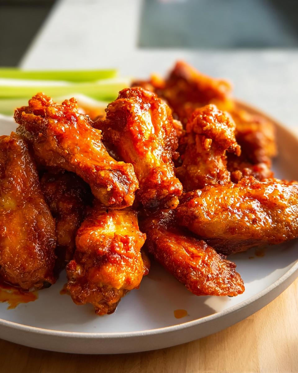 Close-up of a plate of glossy, spicy chicken wings with celery sticks in the background.