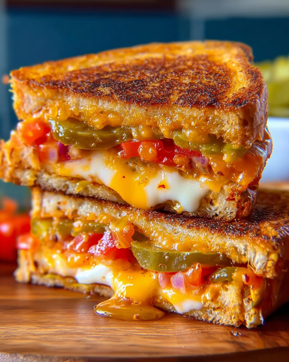 A stack of two spicy jalapeno grilled cheese sandwiches with melted cheese and diced tomatoes.