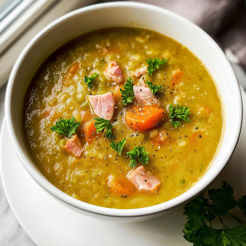 A close-up of a bowl of hearty split pea soup with chunks of ham, carrots, and fresh parsley, perfect for soup recipes.