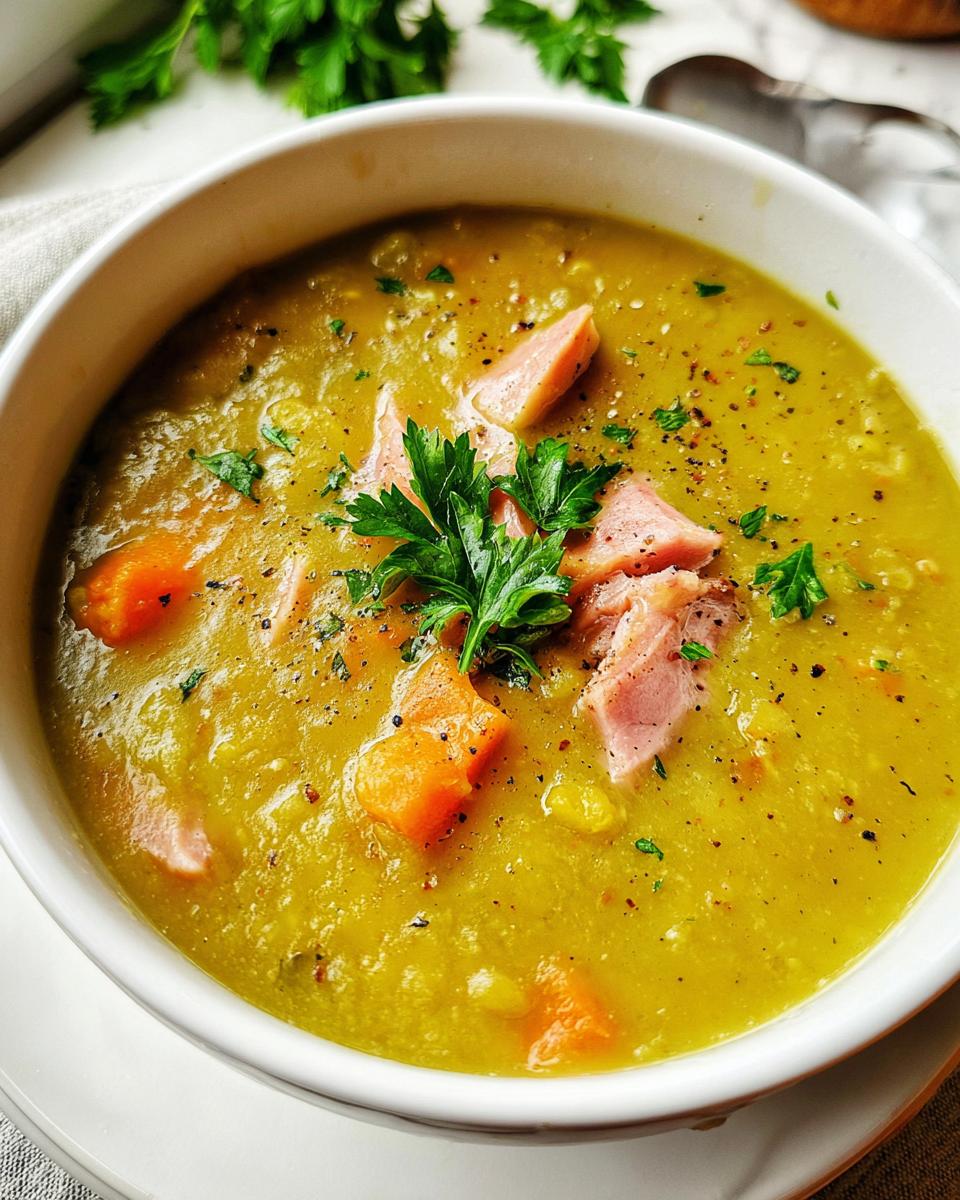 Close-up of a bowl of hearty split pea soup with chunks of ham, carrots, and fresh parsley, perfect for learning how to make soup recipes.