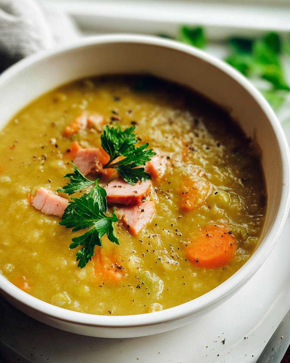 A bowl of hearty split pea soup with chunks of ham, carrots, and fresh parsley. Learn how to make soup recipes like a pro.