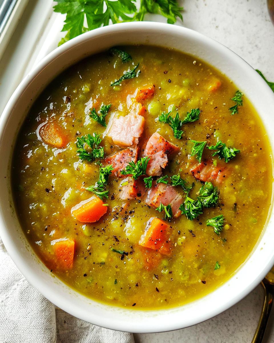 A bowl of hearty split pea soup with ham, carrots, and parsley, perfect for learning how to make soup recipes.