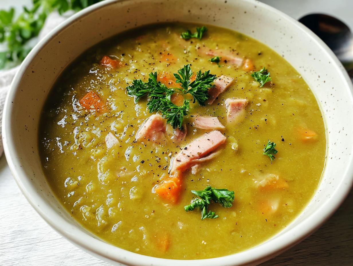 Close-up of a bowl of split pea soup with ham, carrots, and parsley, perfect for soup recipes.
