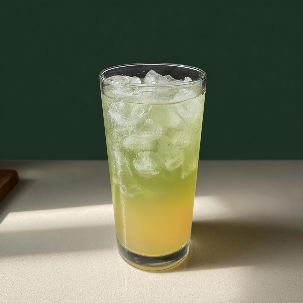 A tall glass filled with ice and a layered green and yellow Starbucks drink.