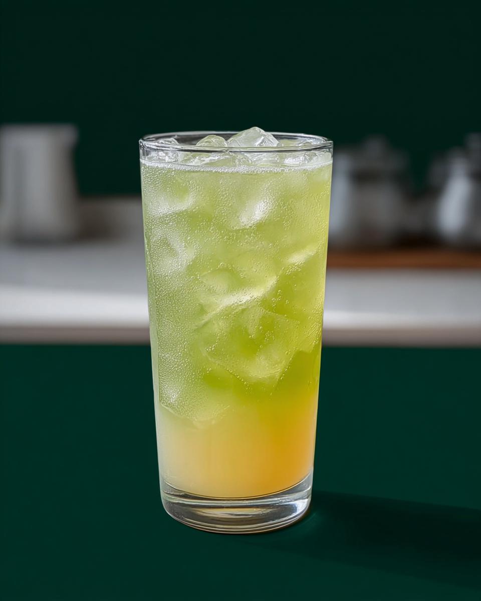 A tall glass filled with ice and a layered green and yellow Starbucks drink, part of 20-Ingredient Starbucks Drinks Recipes.