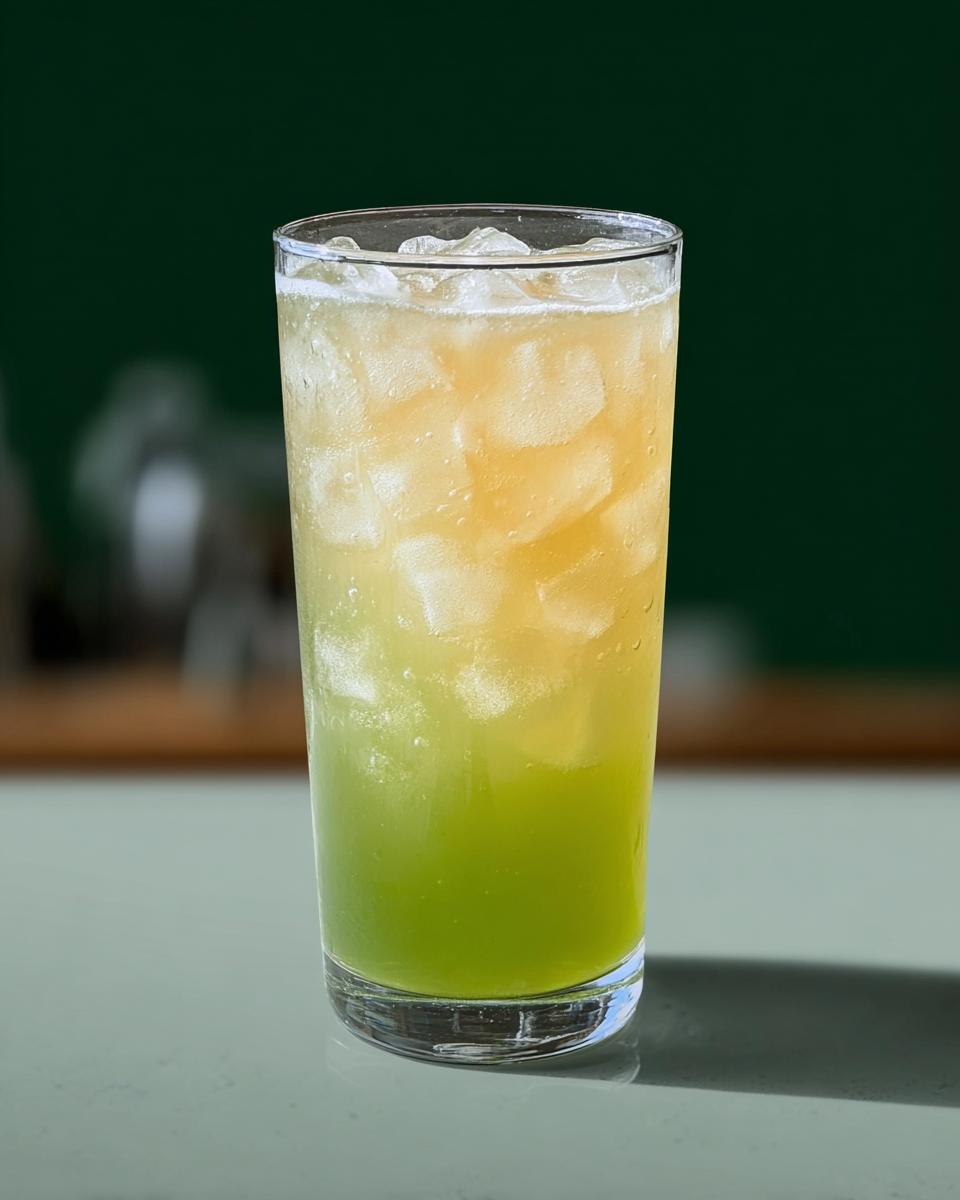 A tall glass filled with ice and a layered green and yellow Starbucks drink.