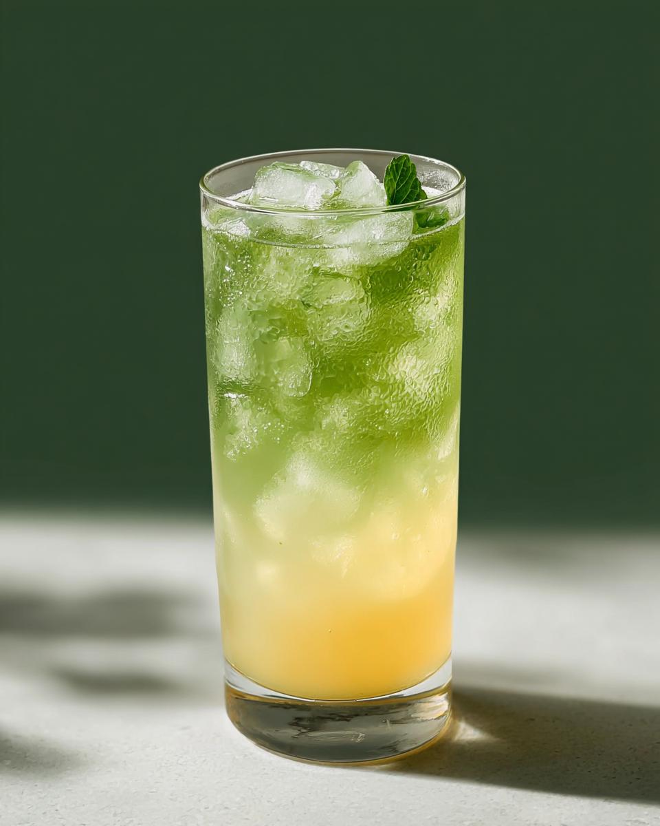 A tall glass filled with ice and a layered green and yellow Starbucks drink, garnished with mint.