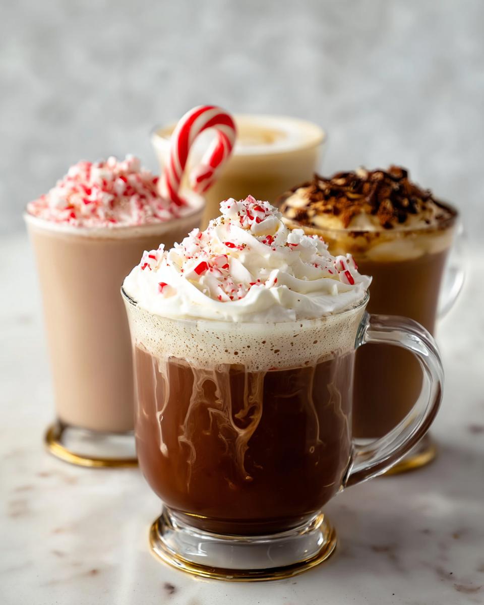 A collection of Starbucks drinks recipes, including a hot chocolate with whipped cream and candy cane, and a latte with chocolate shavings.