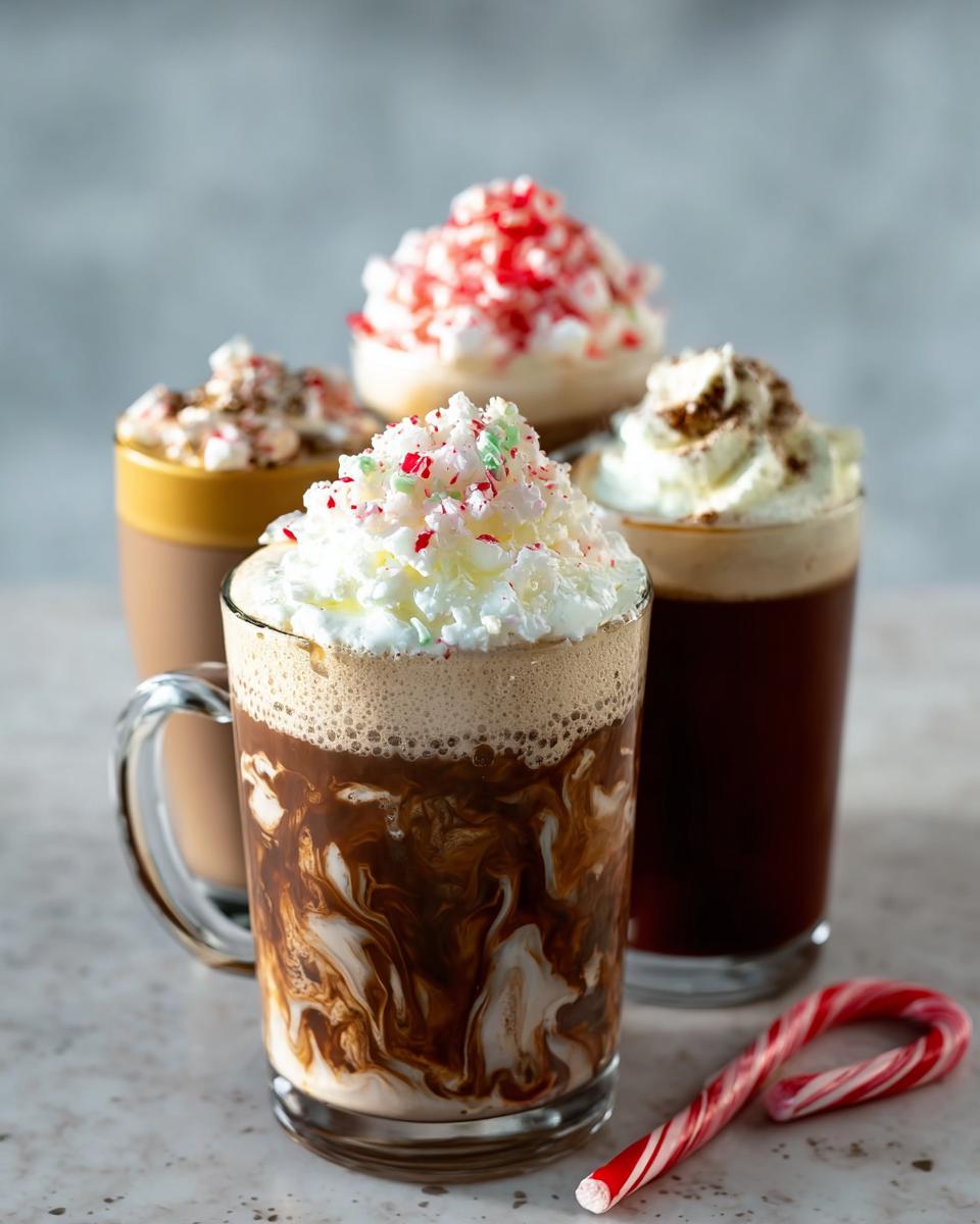 Four festive Starbucks drinks recipes topped with whipped cream and crushed candy canes, with a candy cane on the side.