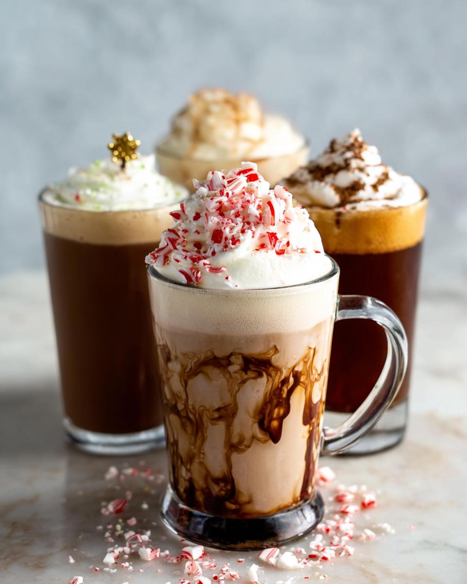A variety of festive Starbucks drinks recipes topped with whipped cream and holiday toppings like crushed candy canes.
