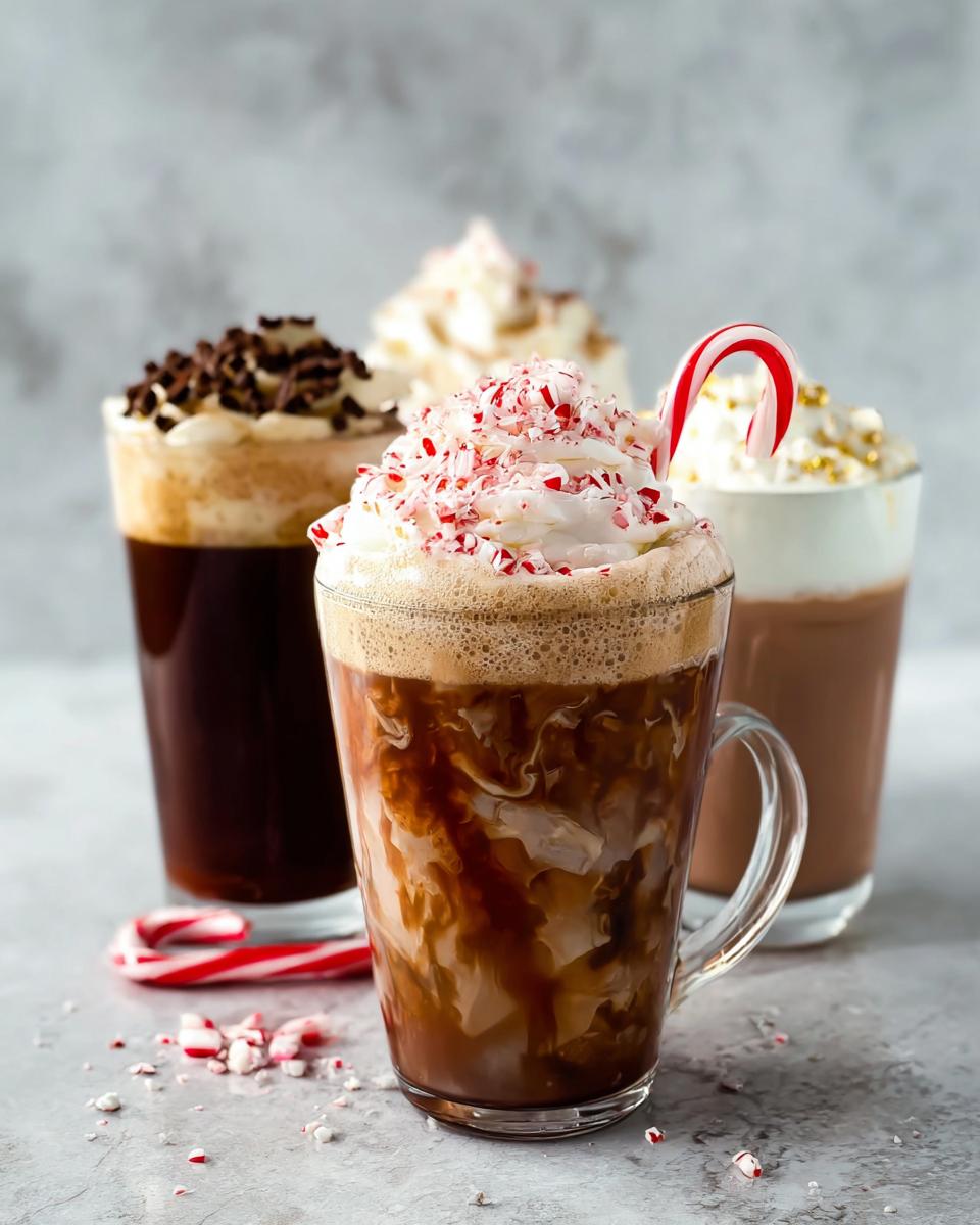 A collection of festive Starbucks drinks recipes, including a peppermint mocha topped with crushed candy canes and whipped cream.