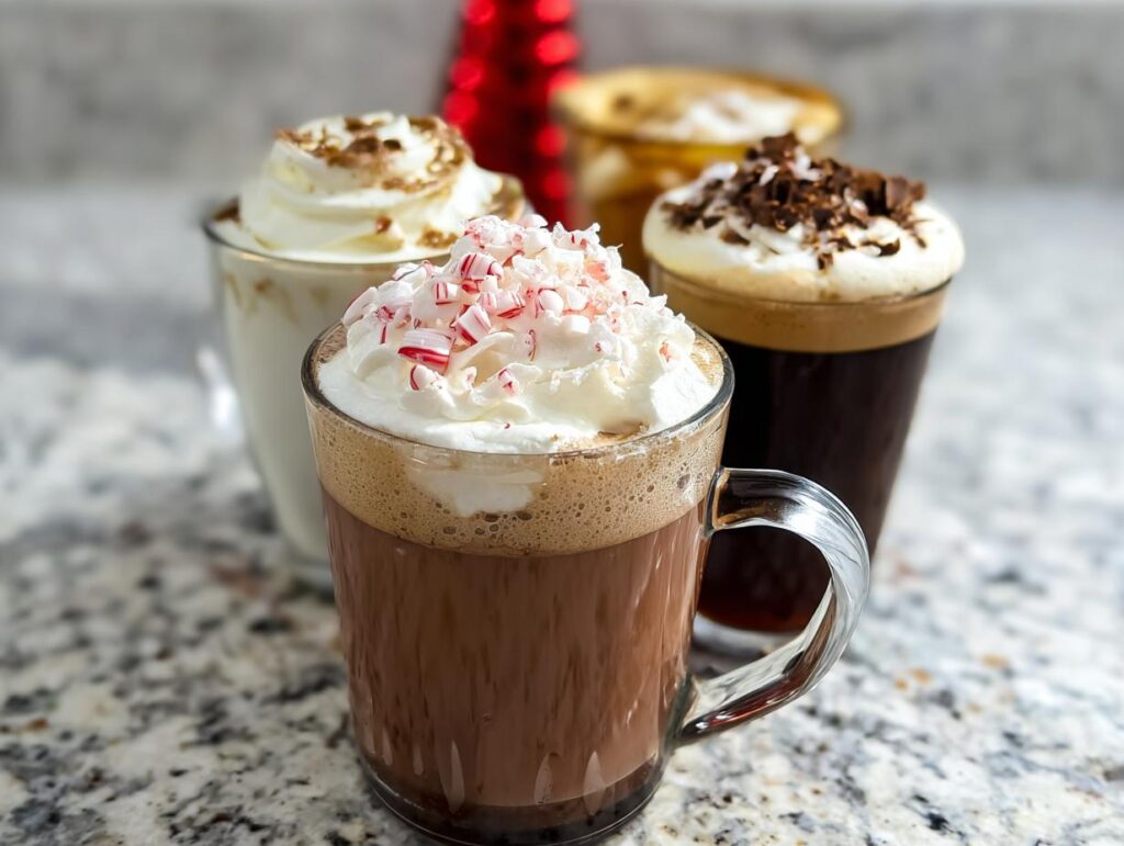 A close-up of a Starbucks drinks recipe: a rich hot chocolate topped with whipped cream and crushed peppermint candy.
