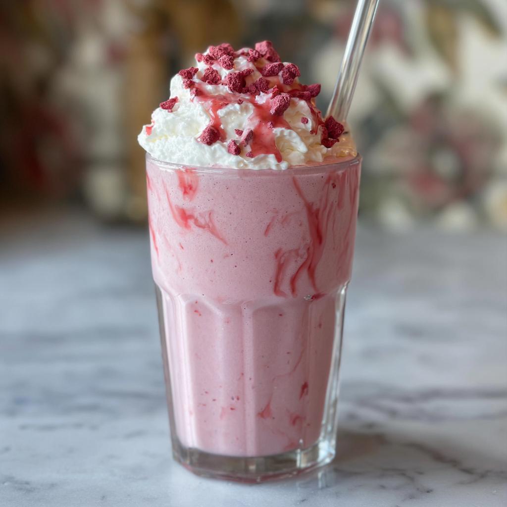 A tall glass of pink drink with whipped cream and strawberry pieces, a recipe for when you crave Starbucks drinks.